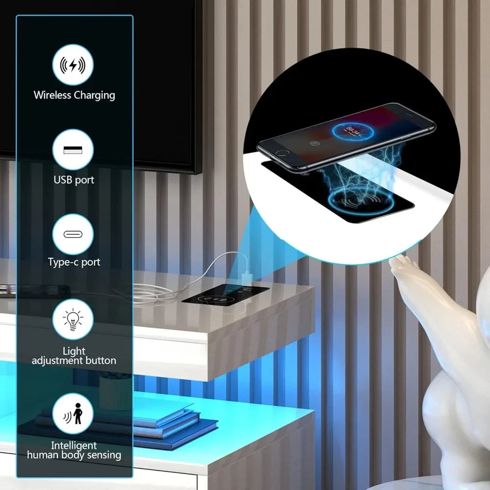 High Gloss Entertainment Center White with 3-Colors Lighting, LED Modern TV Stand for 65+ inch TV, Home Storage Cabinet