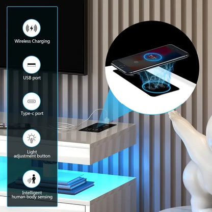 High Gloss Entertainment Center White with 3-Colors Lighting, LED Modern TV Stand for 65+ inch TV, Home Storage Cabinet