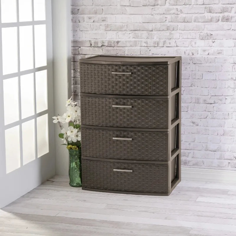 Stylish 4 Drawer Wide Woven Plastic Organizer for Home Storage Needs and Durability