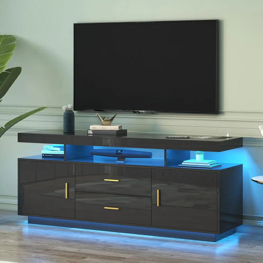 High Gloss Entertainment Center White with 3-Colors Lighting, LED Modern TV Stand for 65+ inch TV, Home Storage Cabinet