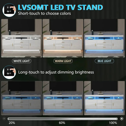 High Gloss Entertainment Center White with 3-Colors Lighting, LED Modern TV Stand for 65+ inch TV, Home Storage Cabinet