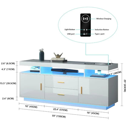 High Gloss Entertainment Center White with 3-Colors Lighting, LED Modern TV Stand for 65+ inch TV, Home Storage Cabinet
